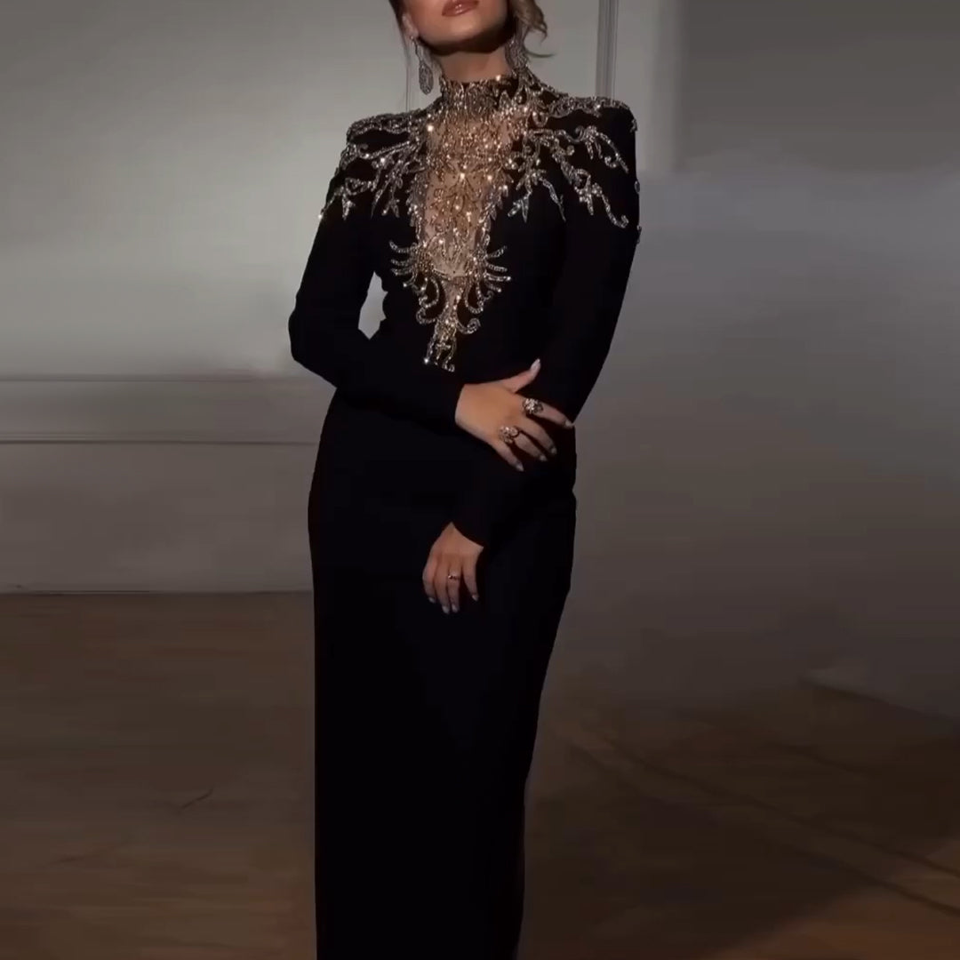 Long Sleeve Black Gold Prom Dress Elegant Stylish