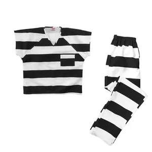 customize logo striped 65% Polyester 35% Cotton 3 needle felling stitching prison uniform white and black