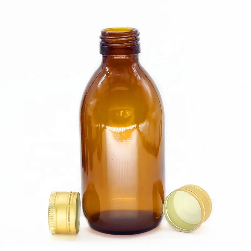 Большой размер 200 мл Янтарный сироп стеклянная бутылка с золотой крышкой для сиропа от кашля