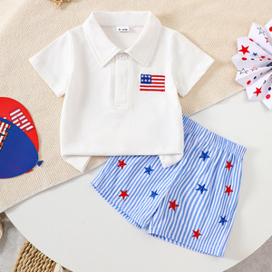 Traje de caballero para niños, nueva <span class=keywords><strong>camiseta</strong></span> infantil de manga corta con solapa, pantalones cortos, conjunto de 2 piezas, ropa de día <span class=keywords><strong>independiente</strong></span> para bebés de algodón - Product Image 1