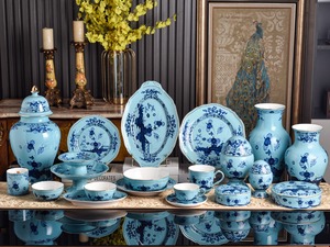Luxury Blue Floral Ceramic Dinnerware Set Gold Rim Porcelain Plates Bowls Cups Teapot and Vases for Elegant Dining and Decor - Product Image 1