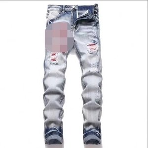 Nuovi <span class=keywords><strong>Jeans</strong></span> Casual da Uomo Stile Europeo e Americano a Vita Media <span class=keywords><strong>Strappati</strong></span>, Modello Dritto Eco-Friendly Lavaggio Medio per High Street - Product Image 3