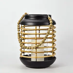 IVYDECO Rustic Knotted Rattan Candle Holder Lantern with Bead Rope Halloween Metal Home Decoration Lanterns