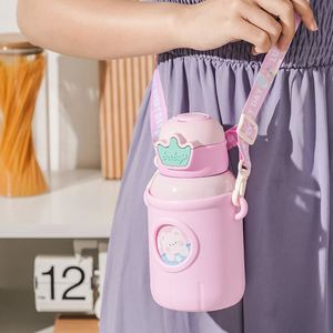 New Arrival 500ml Children's Stainless Steel <b>Thermos</b> Cup with Straw Pink Purple Blue Yellow 316 Water <b>Bottle</b> Strap for Camping - Product Image 6