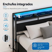 Cadre de lit pleine grandeur en acier et bois avec tête de lit haute, ports USB, prises de courant et lumières LED – Meuble de chambre personnalisable