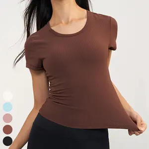 New Ladies T-shirts Nude Feeling Breathable Slim Tshirt Sports Clothing Short Sleeve Ribbed Yoga T Shirt Fitness Tops For Women