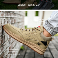 Sepatu Pelindung Kerja Pria Tahan Hantaman Anti Tusuk untuk Pekerjaan Konstruksi Pabrik, Alas Kaki Pengaman dari Kulit Mikrofiber dan Jaring