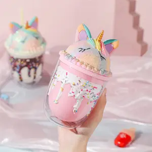 Seaygift summer kawaii unicorn double wall milk tea gelato caffè freddo bicchieri di succo di plastica con coperchi e cannucce