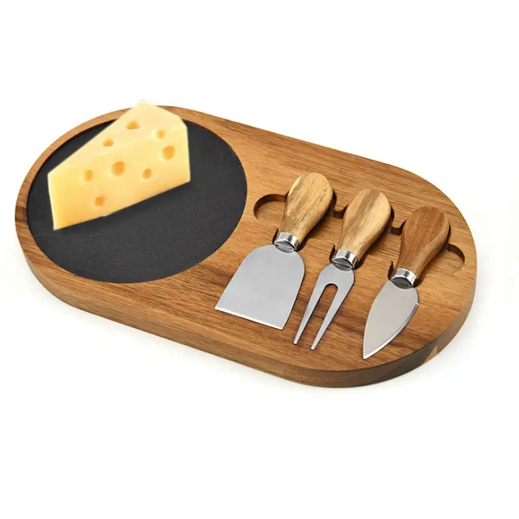 Mutfak özel yuvarlak akasya ahşap ve kayrak taş peynir kurulu ile çatal bıçak kaşık seti kesme ve tepsi