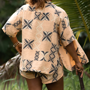 Stylish beach print button-down V-neck shirt and drawstring shorts custom breathable <b>linen</b> shorts two-piece <b>set</b> - Product Image 2