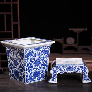 Maceta de cerámica cuadrada azul y blanca china vintage, maceta de porcelana con pies con patrón Floral/Kylin para jardinería interior - Product Image 4
