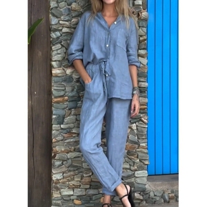 <span class=keywords><strong>Camicia</strong></span> da <span class=keywords><strong>donna</strong></span> in cotone <span class=keywords><strong>e</strong></span> <span class=keywords><strong>lino</strong></span> di grandi dimensioni in 2 pezzi, pantaloni larghi a vita alta, abbigliamento da casa da <span class=keywords><strong>donna</strong></span> - Product Image 6