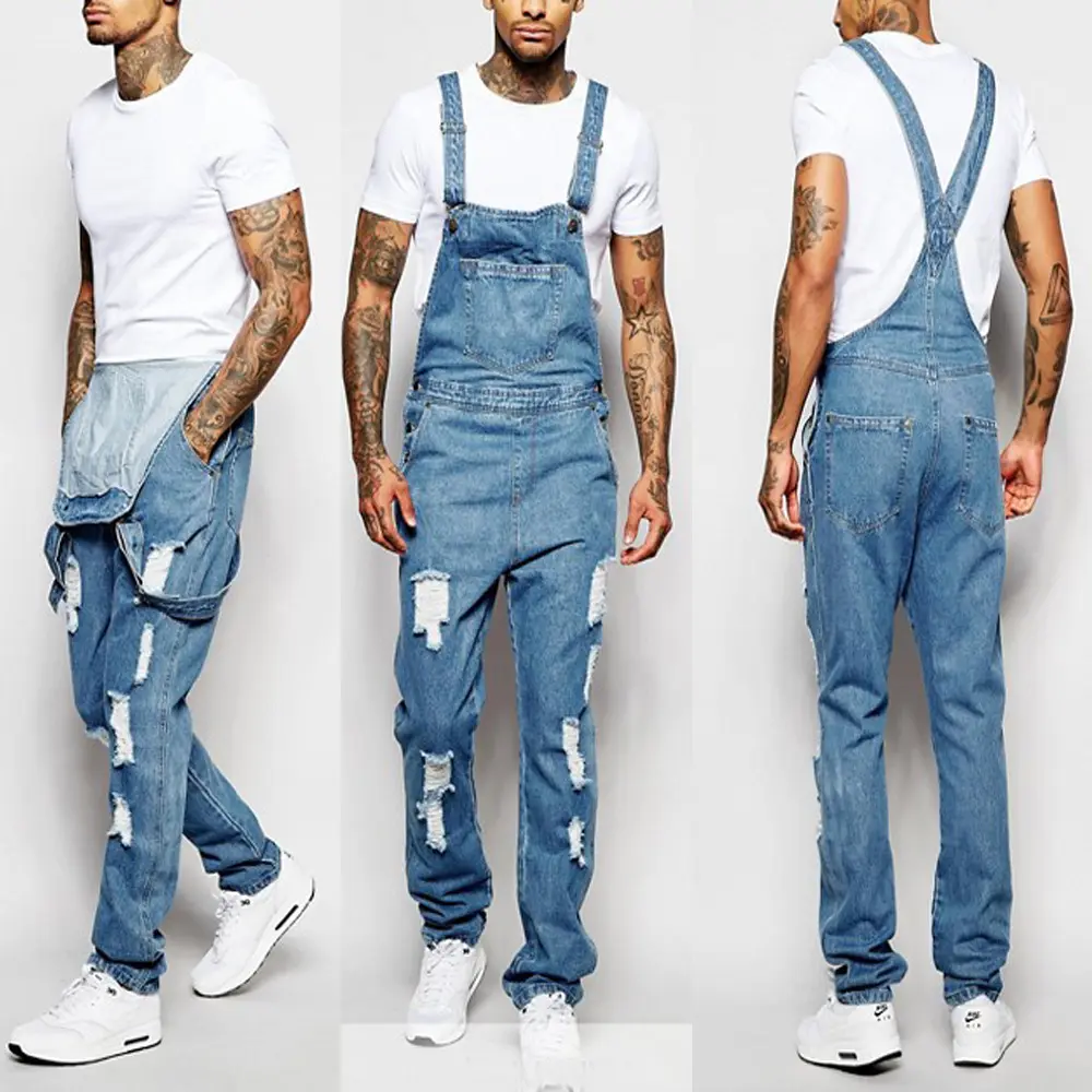 Denim Jeans High Quality Denim Jumpsuit Strap Ripped Broken Hole Casual Wholesale OEM Adult Fitted Blue Pencil Pants Breathable