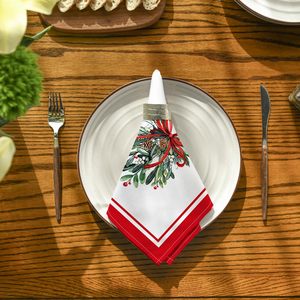 Serbet Kain Natal Holly Berry Cardinal Ribbon Pine Cone untuk Dekorasi Pesta Liburan, Set 4 Serbet yang Dapat Dicuci - Product Image 3