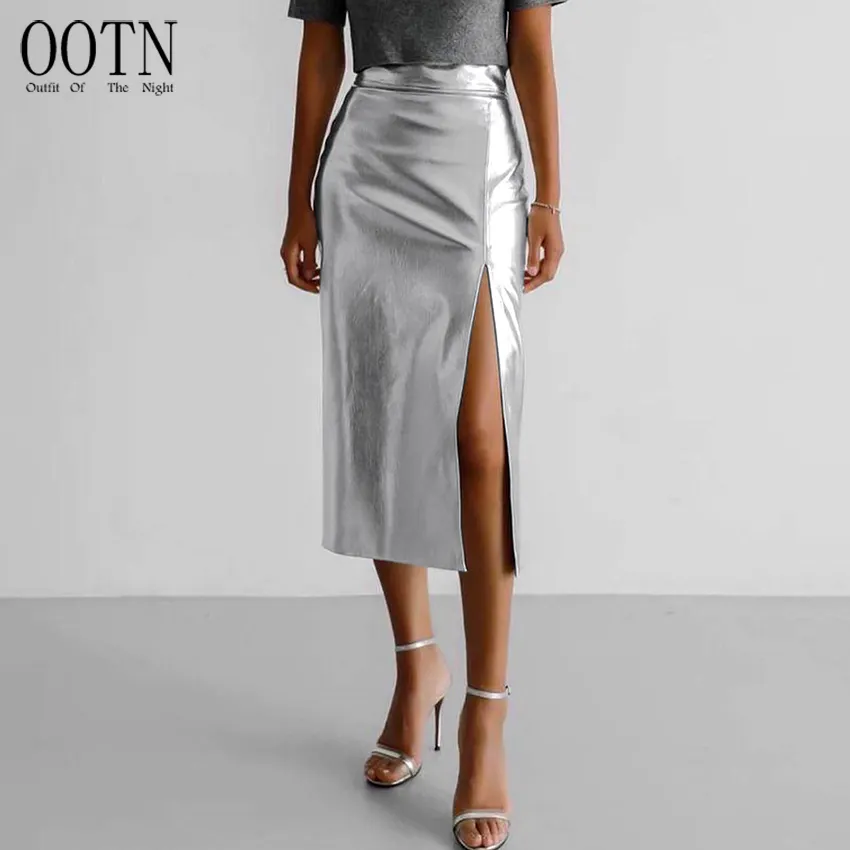 OOTN Fashion Street 2023 Falda recta Mujer Oficina Dama Split Faldas de cintura alta Brillante Plata Faux Leather Pu Faldas