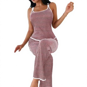 Women's Striped Lounge <b>Set</b> <b>Square</b> Collar Sleeveless Top Drawstring Pants Casual Summer Wear Soft Knitted Polyester/Cotton Fit - Product Image 6
