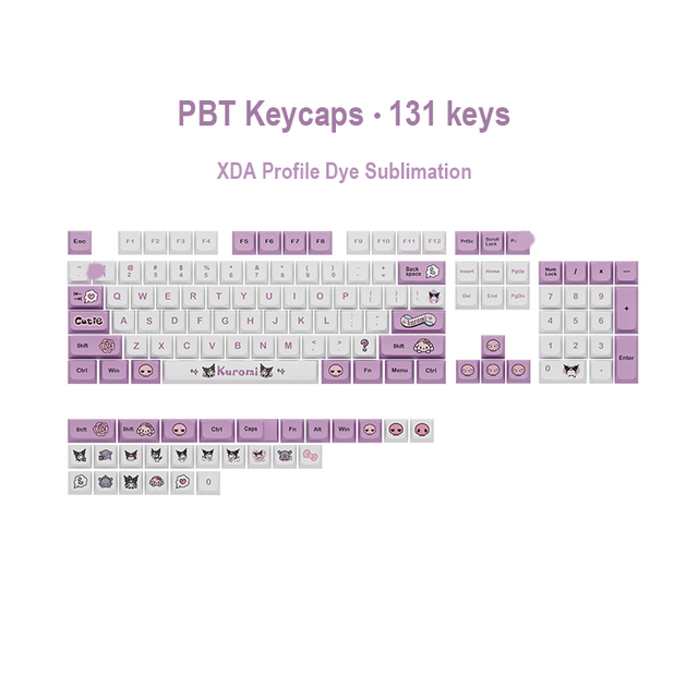 Multi-color Keycaps Mechanical Keyboard for MX Switches Kuromi Theme XDA Profile Dye Sub PBT Double Shot 131 Keys Factory OEM