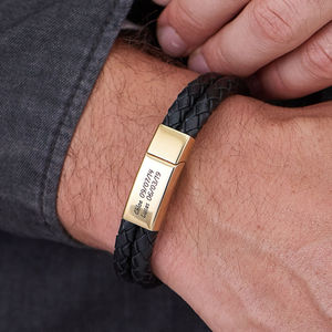Bracelet en cuir véritable à Double couche pour hommes, en cuir véritable, gravé et personnalisé, plaqué or, noir - Product Image 1