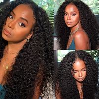 Perruque mi-tête 3-en-1 Afro Kinky Curly sans colle avec cordon de serrage, cheveux vierges sans couture, pré-épilée, sans besoin de laisser de cheveux apparents, naturelle pour femmes