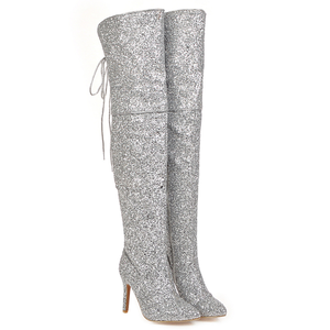 <span class=keywords><strong>Stivali</strong></span> alti alla coscia Sexy Bling Glitter rosso Lace Up scarpe a punta <span class=keywords><strong>stivali</strong></span> con tacco medio da <span class=keywords><strong>donna</strong></span> stivaletti di Design sopra il <span class=keywords><strong>ginocchio</strong></span> - Product Image 2