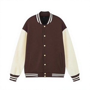 Men Varsity Jacket Brown White Sleeve Color Blocking Turn-down Collar Single Breasted Casual Polyester Cotton Fleece Winter - Product Image 1