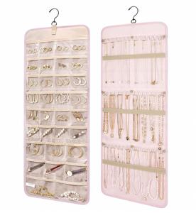 Double-Sided Hanging Jewelry Organizer <b>Storage</b> Roll With Hanger Metal Hooks for Earrings Necklaces Ring - Product Image 1