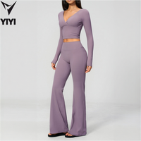 Ensemble de vêtements de sport décontractés pour la course en plein air, taille haute, col en V, manches longues, pour la gym, le yoga, le pilates, 2 pièces