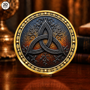 Moneta Personalizzata all'Ingrosso, Design Celtico Triquetra Nodo della Trinità con Motivo Floreale su Sfondo Scuro Texturizzato e Oro - Product Image 1