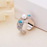 Bague ajustable en perle d'eau douce et turquoise marguerite pour femme, plaquée or, bijoux de mode, cadeau, fête, OEM personnalisé, vente en gros