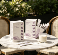 Boîte pliante en papier écologique recyclable avec logo personnalisé, pelliculage mat et gaufrage pour l'emballage de poudre protéinée en sachet.