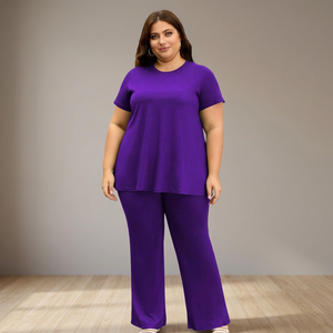 Ensemble de yoga décontracté deux pièces grande taille pour l'automne, couleur unie, avec pantalon large et débardeur amincissant à manches courtes, idéal pour la danse et le sport - Product Image 3