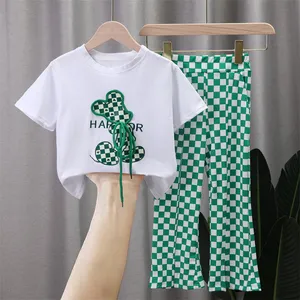 Girls' suit 2024 new summer style cartoon short-sleeved T-shirt ice silk wide-leg pants two-piece set