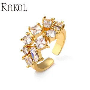 RAKOL RP5326 2023 Spring Double Row Full Cubic Classic Zirconia Engagement Rings Jewelry Gifts Finger Ring For Women 18k Gold