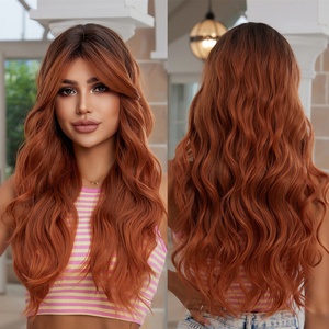 Ombre marrón cobre rojo peluca sintética pelucas largas onduladas con flequillo Cosplay fiesta uso fibra resistente al calor para mujeres - Product Image 1
