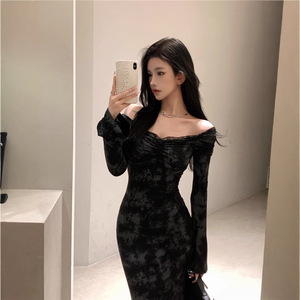 Elegant Black Fishtail Pencil Dress Long Skirt Formal Winter Wear City Commuting Tie Dye Splicing Design - Product Image 2