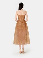 Robe de soirée moulante mi-longue sans bretelles en maille à sequins marron doré, idéale pour les banquets et cocktails – Nouvelle collection très prisée