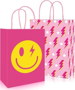 Pink Paper <b>Gift</b> <b>Bags</b> with Twisted Handles Smiley Face Lightning Bolt Star Print Reusable <b>Party</b> Favor Goodie <b>Bags</b> - Product Image 1