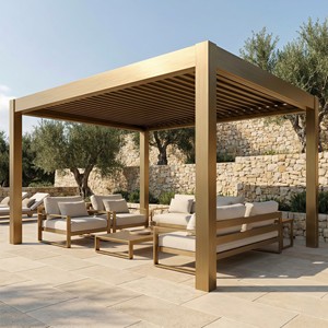 Pérgola de Aluminio con Acabado de Madera Premium, Techo de Láminas Motorizadas y Persianas Enrollables Resistentes al Viento para Jardín de Villas de Lujo y Resorts - Product Image 1
