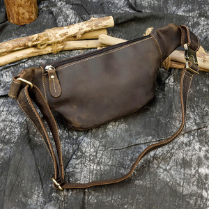 Vintage Genuine Leather Men's Waist/Chest Bag <strong>Crazy</strong> Horse Finish Zipper Closure <strong>Earphone</strong> Holes Multifunctional for Leisure - Product Image 4