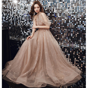 Champagne Pink Evening Gown Halter Empire A-Line With 3D Patterns For Banquets And Emcees - Product Image 4