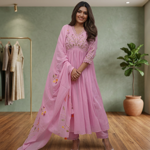 Conjunto de Kurta, Pantalón y Dupatta Estilo Anarkali para Mujer, Color Rosa, con Estampado Abstracto y Bordado, Estilo Indio/Pakistaní, Festivo y Étnico - Product Image 3