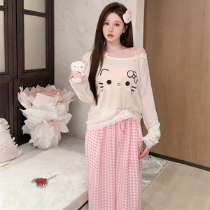 <span class=keywords><strong>Pigiama</strong></span> da donna primavera autunno rosa Plaid Set <span class=keywords><strong>stampa</strong></span> gatto a fascia tre pezzi Loungewear - Product Image 1