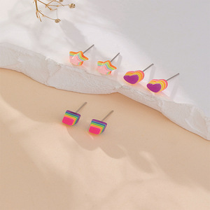 Rainbow Heart Star <b>Square</b> Stud Earrings <b>Set</b> For Students Gift Fashion Jewelry - Product Image 3