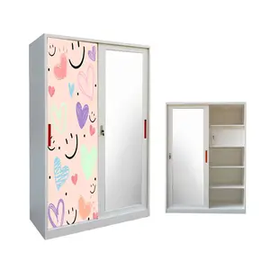 LAKSHYO Modern Fashion Metal Sliding Door Wardrobe Steel Wardrobe Convertible With 2 Drawers Steel Bedroom Printed Wardrobe