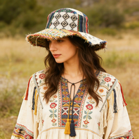 Nouveau Chapeau Bob Vintage Patchwork à Franges, Imprimé Géométrique Ethnique, Effet Vieilli, Large Bord, Style Bohème, Chapeau de Pêcheur, Vente en Gros Personnalisée