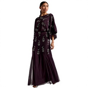 Elegante Vestido de Noche Morado de Gasa con Lentejuelas Florales, Antirarrugas, Silueta Tubo, Un Hombro Descubierto y Manga Capa, Largo hasta el Suelo - Product Image 1