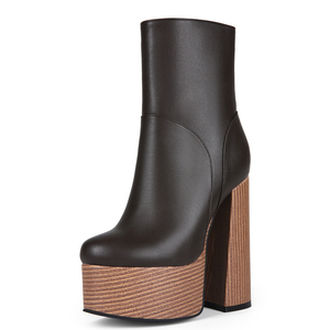 Bottines à talons épais et plateforme pour femme, grande taille 47, couleur bois, coupe large, bout rond, bottines courtes - Product Image 4