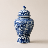 Pot décoratif en céramique bleu et blanc, motif floral, avec couvercle, pour table console, armoire, décoration de salon