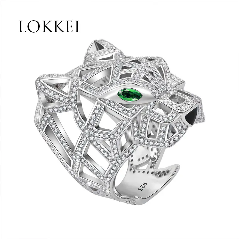 Hip Hop Personalized Design Men Rings 925 Sterling Silver Micro Pave Cz Stone Green Emerald Leopard Head Ring Jewelry