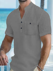Nouveau T-shirt à col montant en lin à manches courtes pour homme – Chemise décontractée fine et ample en coton et lin – Vêtements pour homme - Product Image 3